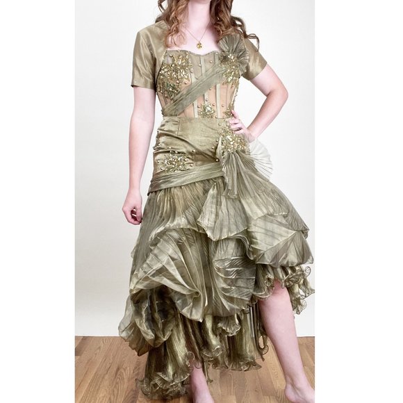 Vintage Mike Benet Gown Corset Skirt Ruffle Pleated Embroidered Beaded Formal - Picture 8 of 9